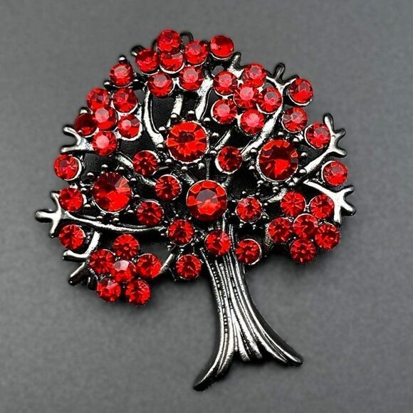 Gunmetal Gray with Dark Ruby Red Crystal Blooming Tree Pin Back Brooch - Picture 1 of 7